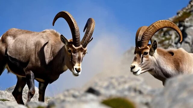 Rams Engage in Playful Headbutting in a Scenic Mountain Landscape Under Clear Blue Skies