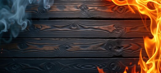 Wooden planks surface shows dark brown shades with patterns of wood grain. Flames, smoke contrast with cool tones of burnt wood. Burning creates dramatic visual effect. Backdrop represents rustic