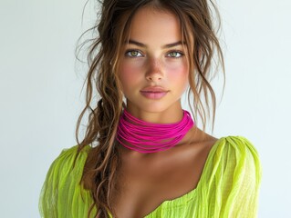 Fototapeta premium A young woman with long hair wearing a vibrant outfit and colorful necklace.