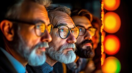 Obraz premium Three Men with Glasses Looking Thoughtfully at Colorful Lights