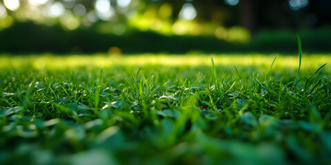 Naklejka premium Serene Close-Up View of Green Grass with Soft Focus Garden Background : Generative AI