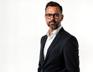 Confident businessman in formal suit, glasses. Man looks directly at camera. Professional, successful. Business portrait. Potentially for corporate or business promotion. Looks focused, ready to work.
