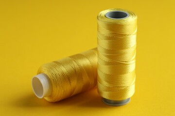Spools of sewing threads on yellow background, closeup