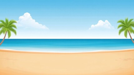 Obraz premium Serene Beach Landscape with Palms and Clear Blue Sky, Tranquil Ocean View and Soft Sandy Shoreline