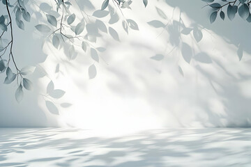 A white wall background with soft light casting tree leaf shadows on the floor, perfect for spring/summer beauty product displays.