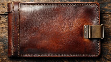 Vintage Leather Wallet on Rustic Wooden Table Surface