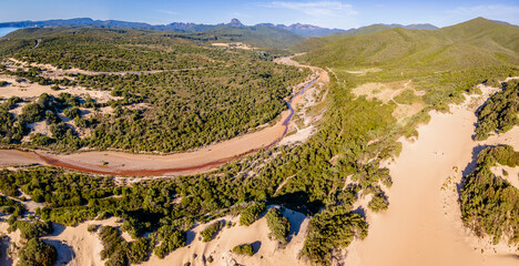 Piscinas river and forest besides sand dunes, Sardinia