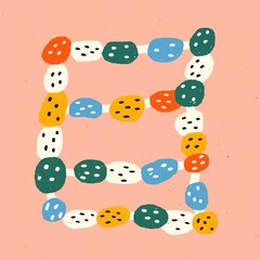 A vibrant abstract design featuring colorful, dotted shapes arranged in the form of the letter "B" against a peach background.