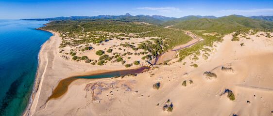 Piscinas river and forest besides sand dunes, Sardinia