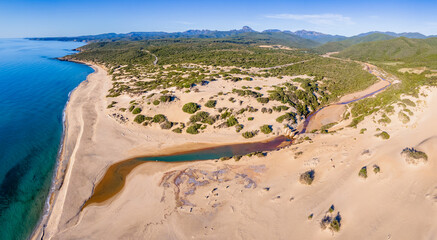 Piscinas river and forest besides sand dunes, Sardinia