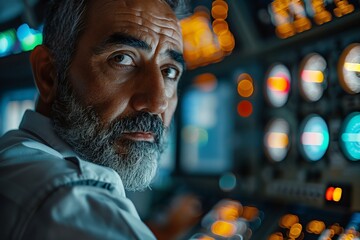 A focused pilot operates an aircraft control panel with numerous gauges and buttons.