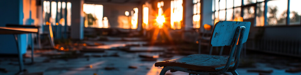 Abandoned Room with Weathered Chair and Sunset Light