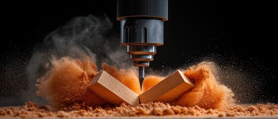 A woodworking machine in action, creating a cloud of dust as it shapes a piece of wood.