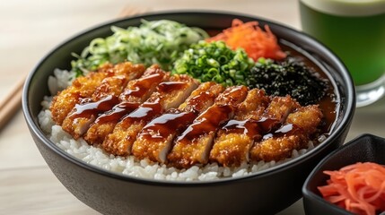 Fototapeta premium A hearty bowl of chicken katsu curry, showcasing perfectly crispy chicken katsu slices layered over steaming white rice, topped with savory curry sauce.
