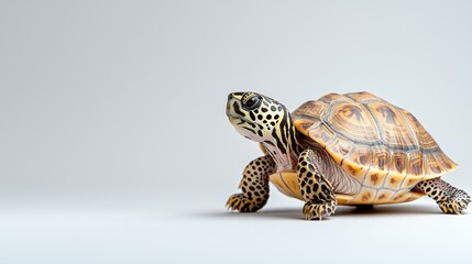 Obraz premium Baby turtle on white background, curious gaze