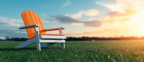A white and orange Adirondack chair sits on a grassy lawn, facing the sunset.