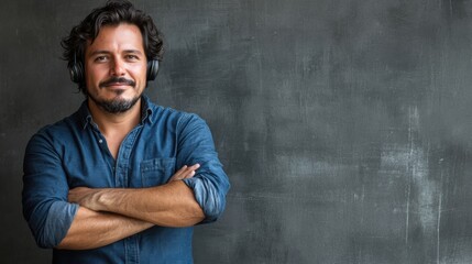 Confident man with headphones smiling against textured background