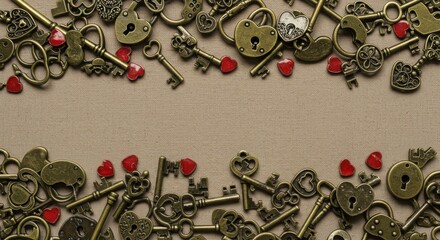 Antique Keys and Padlocks Border with Red Hearts on Beige Background