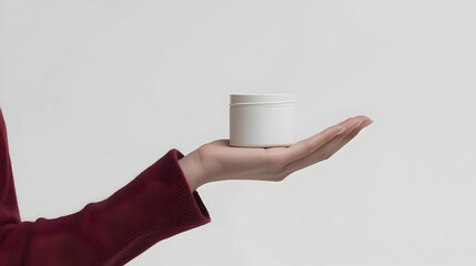 A woman's hand holding a white cream jar mockup, isolated on a white background for a refined beauty product presentation.