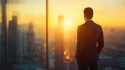 A man in a suit is looking out of a window at the city skyline