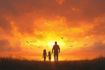 Fototapeta premium Family enjoying a beautiful sunset on the beach, walking towards the sun and holding hands, creating a heartwarming scene