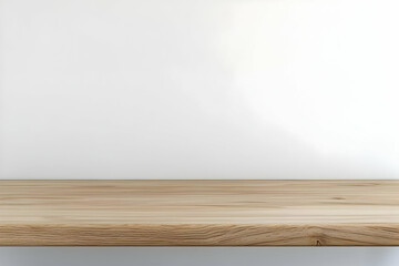 A wooden desk mockup with a white wall and clean surroundings, ideal for showcasing corporate products or office supplies.