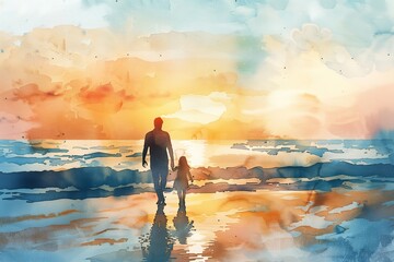 Fototapeta premium A heartwarming moment shared between a parent and child at sunset by the ocean.