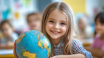 A young girl beams while holding a colorful globe, participating in an engaging geography lesson. Other students are visible in the background, all focused on learning.