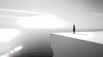 Obraz premium A solitary figure stands on a stark white ledge above a serene ocean, creating a striking contrast in this minimalist black and white composition. Shadow Ridge. Illustration