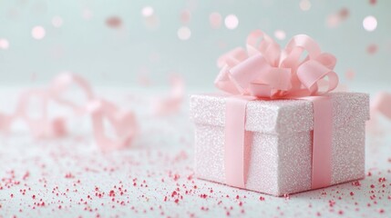 Sparkling Light Pink Gift Box with Ribbons and Glitter Background