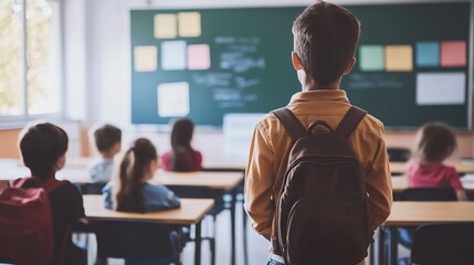 Fototapeta premium A child stands with a backpack in a classroom, facing a blackboard filled with notes and colorful paper, surrounded by classmates. The atmosphere is focused and educational.