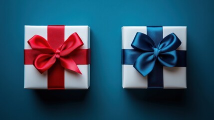Two Colorful Gift Boxes with Ribbons on a Turquoise Background