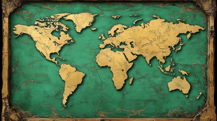 Vintage World Map with Golden Continents on Green Textured Background
