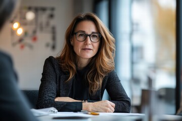 Female director leads a strategic meeting in a modern office space with a focus on collaboration