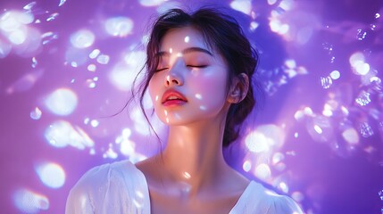 A young woman in a white outfit poses with her eyes shut in front of a purple background, and there are lights shining on her from a projector.