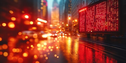 Night city street, blurred traffic, stock ticker.