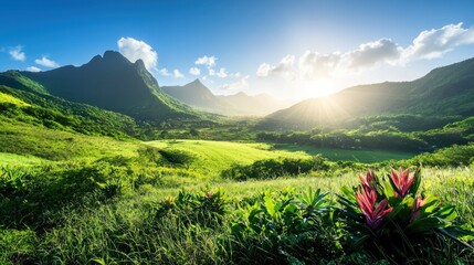 Fototapeta premium Sunrise over Lush Mountain Valley