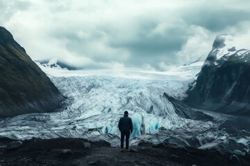 Fototapeta premium Hiker standing in front glacier tongue, contemplating the breathtaking landscape in Iceland
