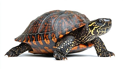 Obraz premium Colorful Eastern Box Turtle on a White Background in Profile View