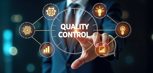 Businessman interacts with holographic interface focused on quality control. Tech savvy manager uses advanced tech to ensure superior standards. Innovative approach ensures product excellence.