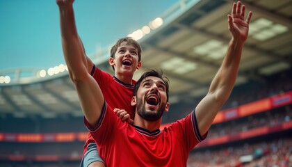 Cheerful father carries excited son on shoulders in football stadium. Both wearing team shirts, celebrating victory. Fans cheer around. Huge match. Enjoy exciting sports moment together. Family happy