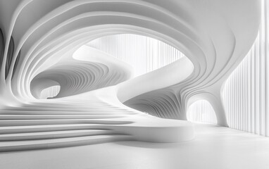 Naklejka premium Abstract white architectural interior with curved walls, stairs, and lighting.