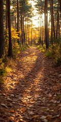 Obraz premium A forest trail during autumn, with sunlight filtering through the trees and illuminating a carpet of fallen leaves.