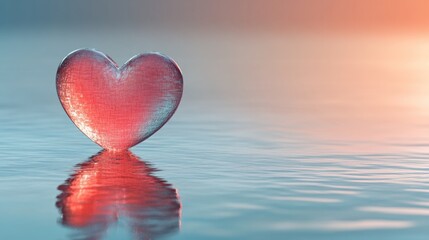 Fototapeta premium Pink heart shaped crystal on ocean surface with reflective sunset
