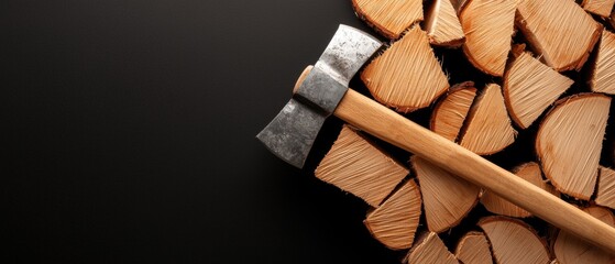 A wooden axe with a metal head rests on a pile of cut logs.