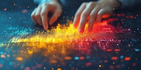 Hands interacting with digital data visualization.