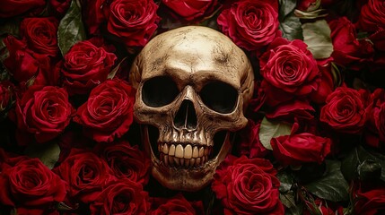 Artistic skull adorned with crimson roses