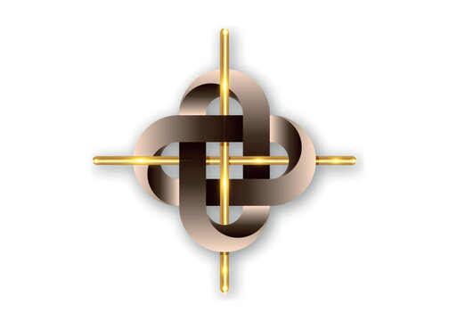 golden cross in intertwined Celtic knot, classic shape simple gold shiny metal cross. Celtic interlocking bronzo Metallic knot, vector isolated on white background 