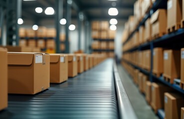 Fototapeta premium Brown cardboard boxes move along conveyor belt in large warehouse. Boxes stacked on metal shelves. Organized cargo transportation system. Industrial facility. Efficient package delivery. Modern