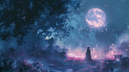 Fototapeta premium A serene landscape under a mystical night sky filled with stars and a glowing moon.